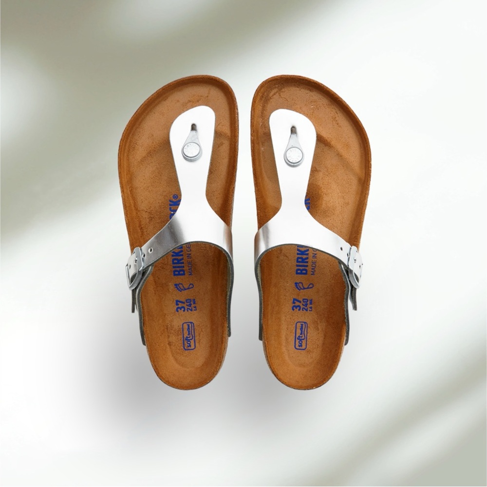 New in box silver metallic Birkenstock Giseh sandals. Rotating from @lkatz.